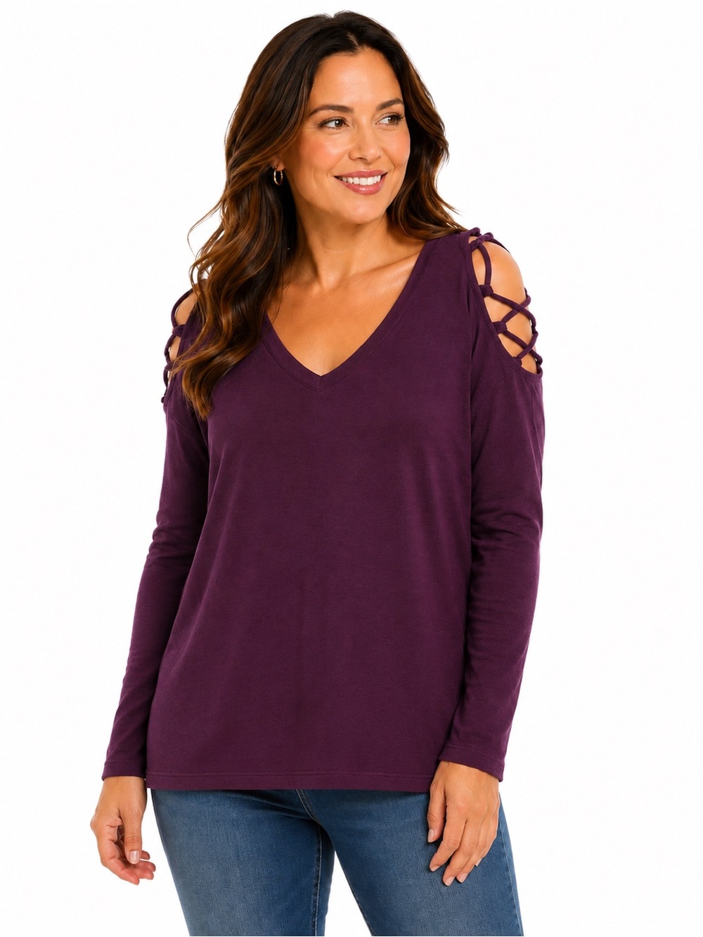Aeropostale Plum Lattice Cold-Shoulder V-Neck Long Sleeve Top